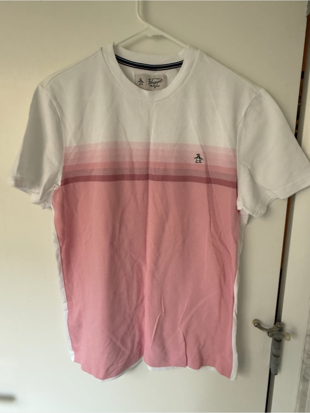 Original Penguin White and Pink Fade Stripe Crew Tee